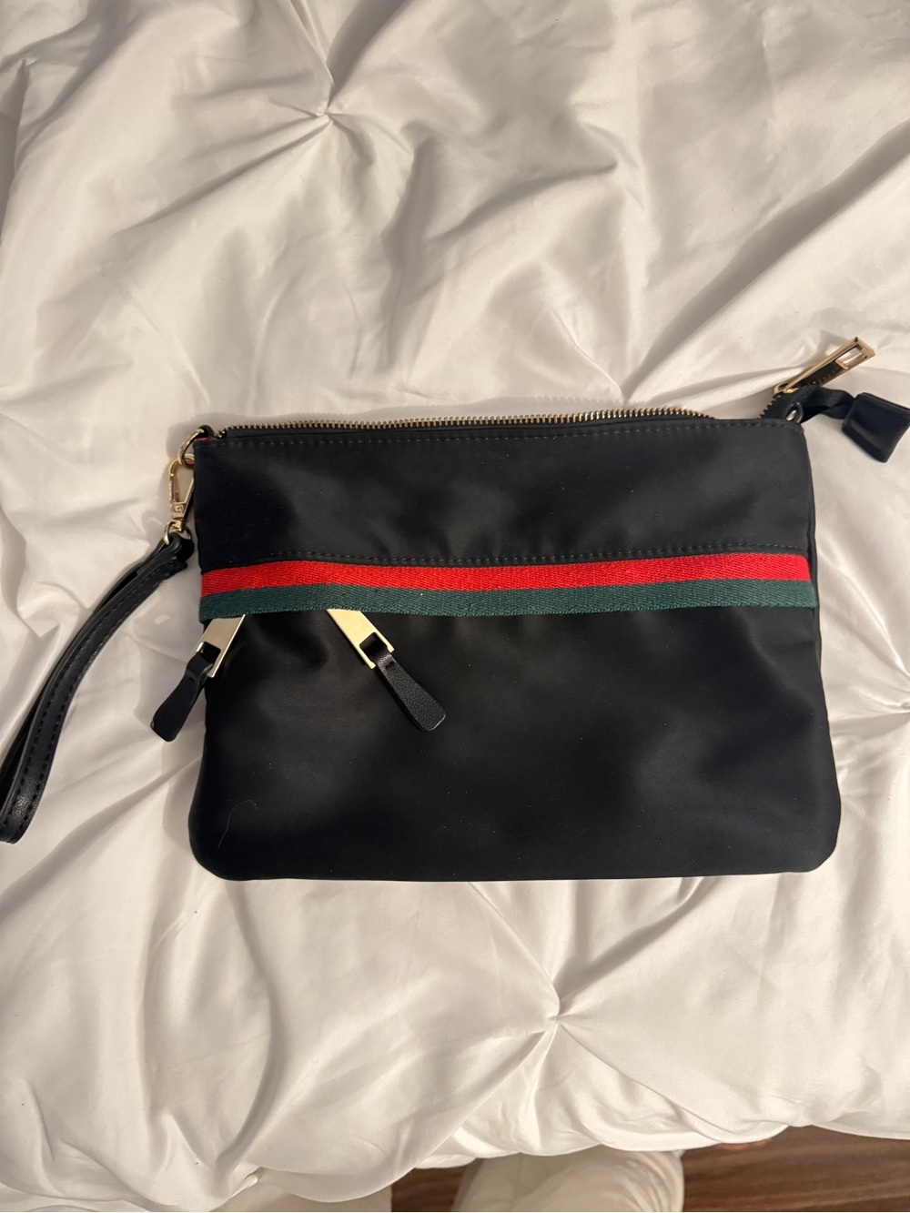 Sondra Roberts Black Wristlet Red Green Stripe Clutch Purse Designer Wallet Gold